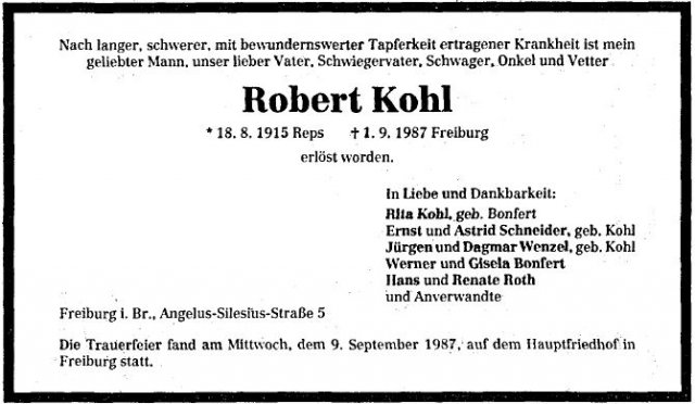 Kohl Robert 1915-1987 Todesanzeige